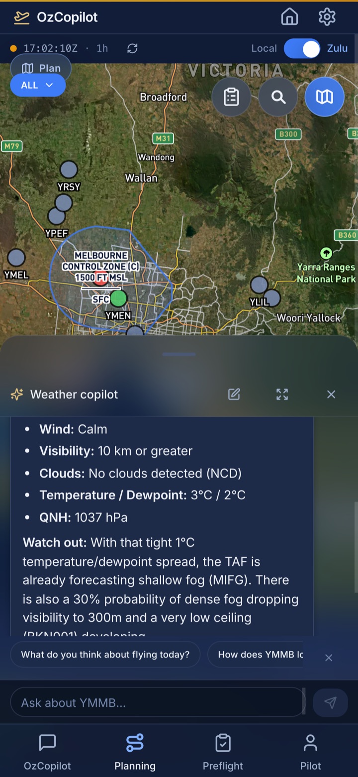 Copilot drawer over the weather map answering a question about live TAF conditions